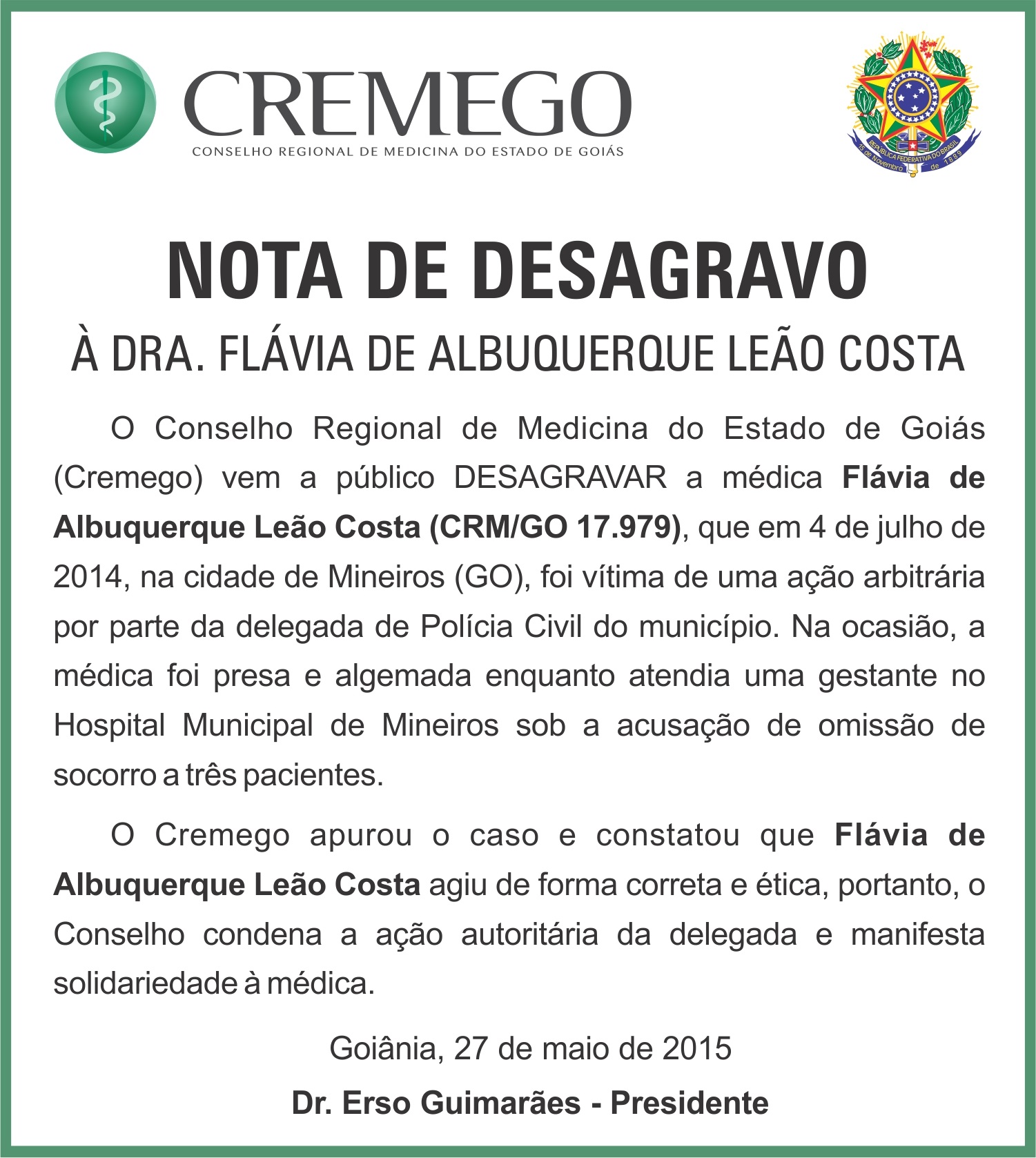 NOTA DESAGRAVO DRA FLAVIA 28 05 15